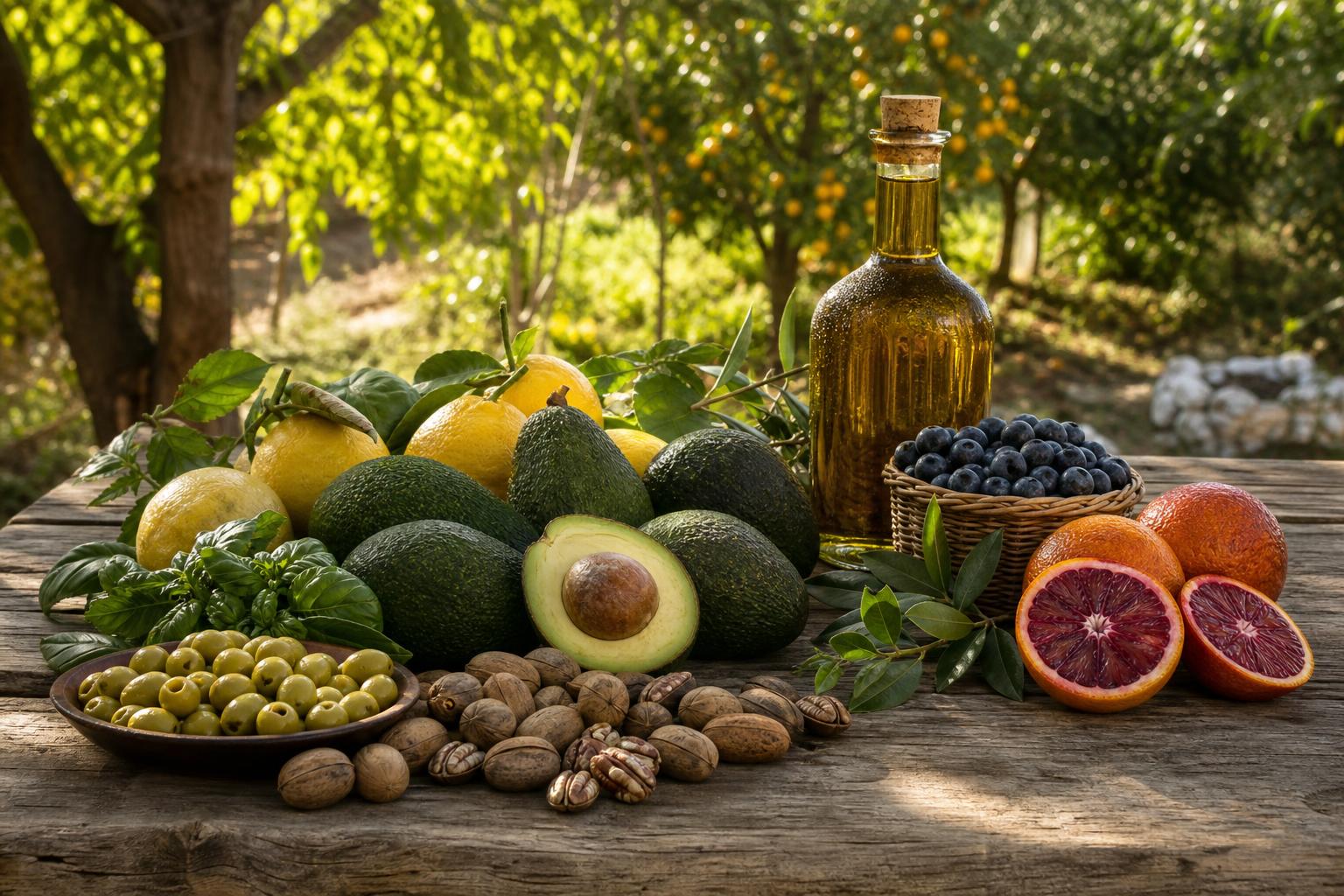 Livokado bahçesinden avokado, limon, kan portakalı, pikan cevizi, yaban mersini, zeytin ve soğuk sıkım zeytinyağı